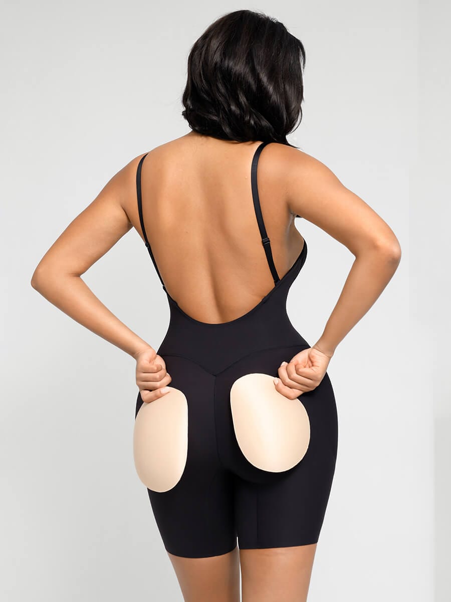 Wholesale Plunge Low-Back Mid-Thigh Shapewear With Removable Butt And Hips Pads