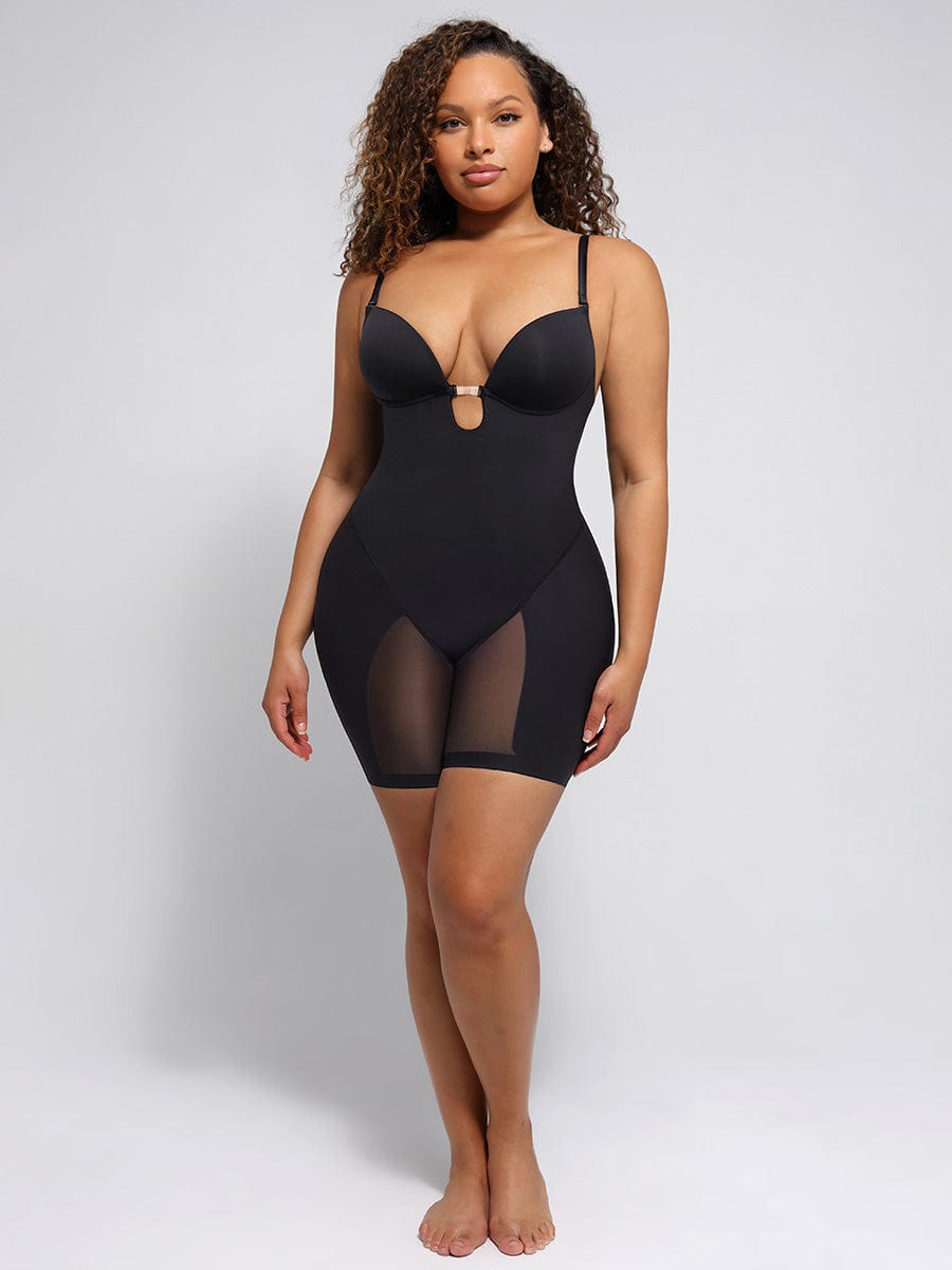 Wholesale Plunge Low-Back Mid-Thigh Shapewear With Removable Butt And Hips Pads