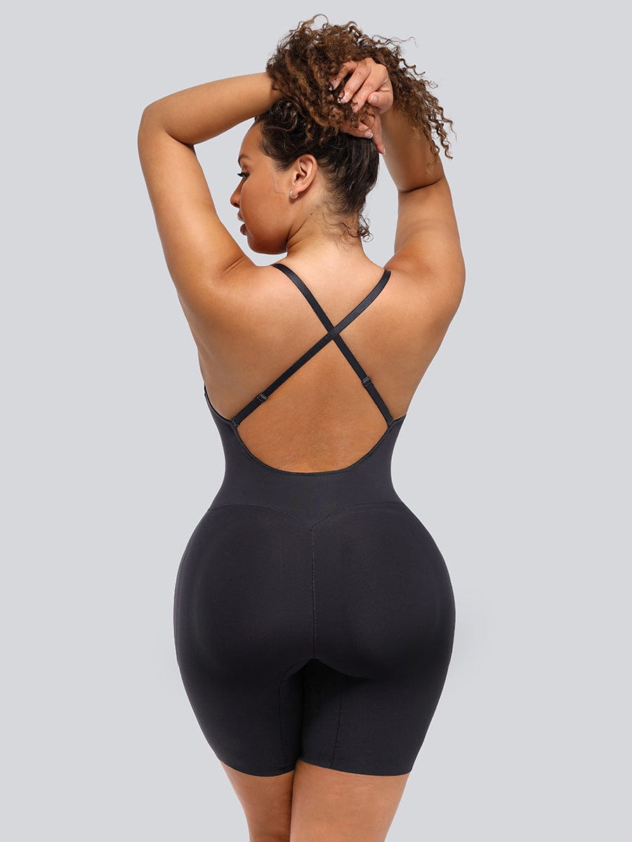 Wholesale Plunge Low-Back Mid-Thigh Shapewear With Removable Butt And Hips Pads