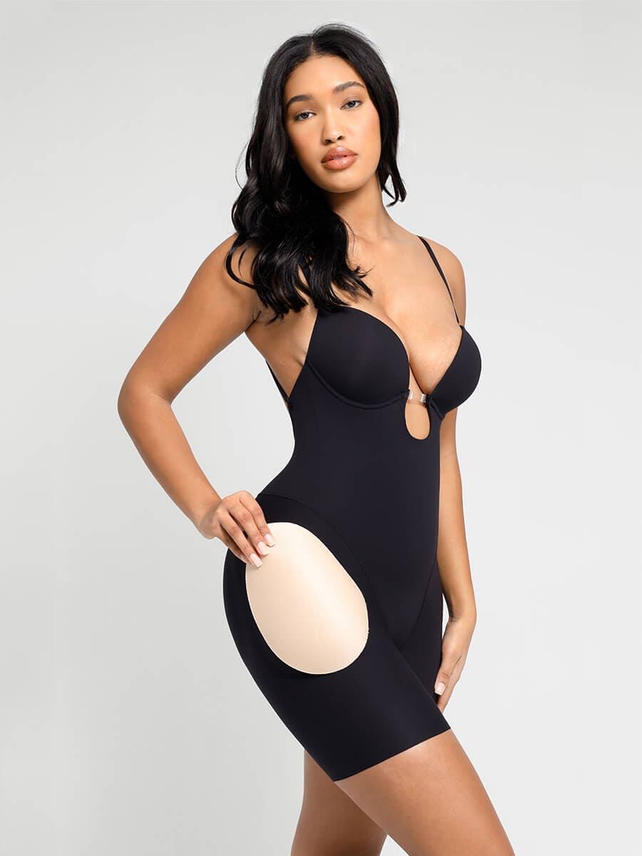 Wholesale Plunge Low-Back Mid-Thigh Shapewear With Removable Butt And Hips Pads