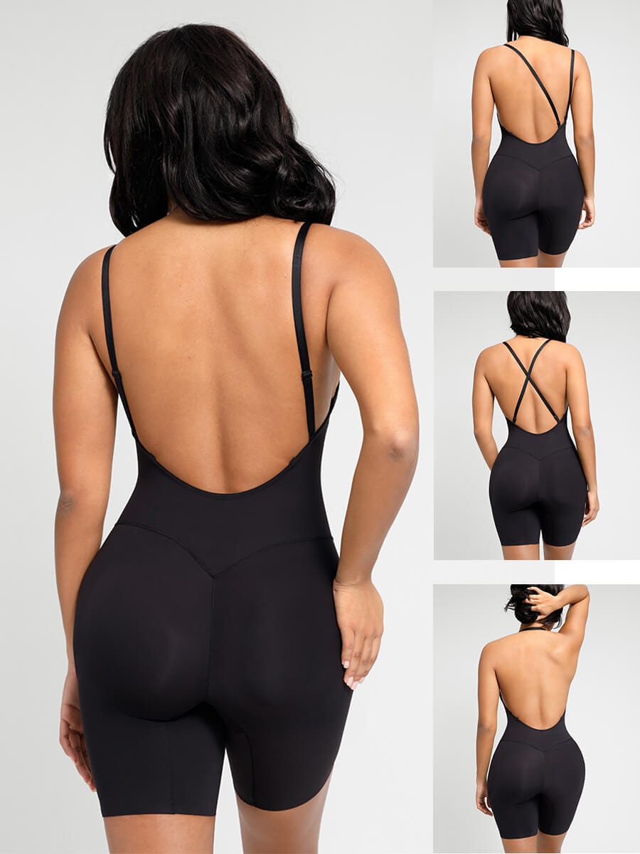 Wholesale Plunge Low-Back Mid-Thigh Shapewear With Removable Butt And Hips Pads