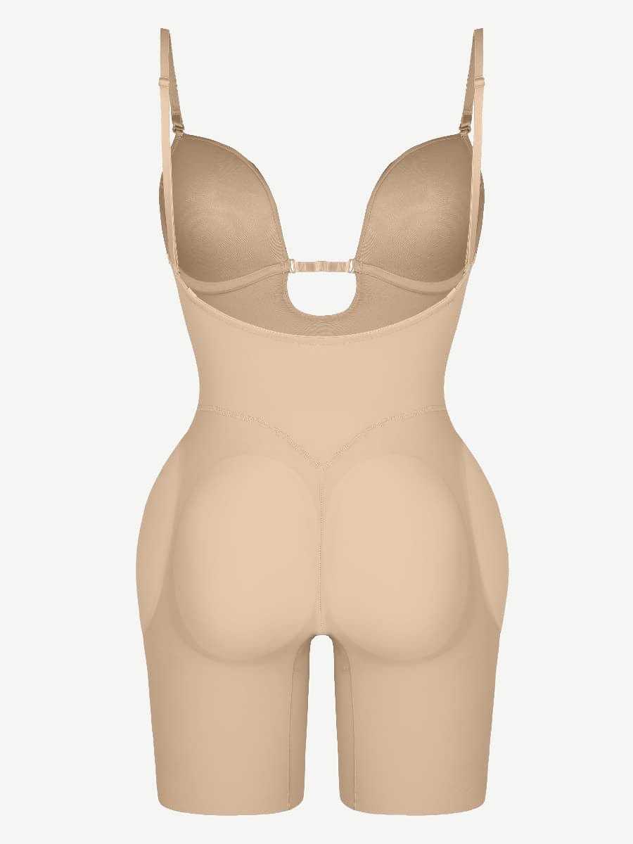 Wholesale Plunge Low-Back Mid-Thigh Shapewear With Removable Butt And Hips Pads
