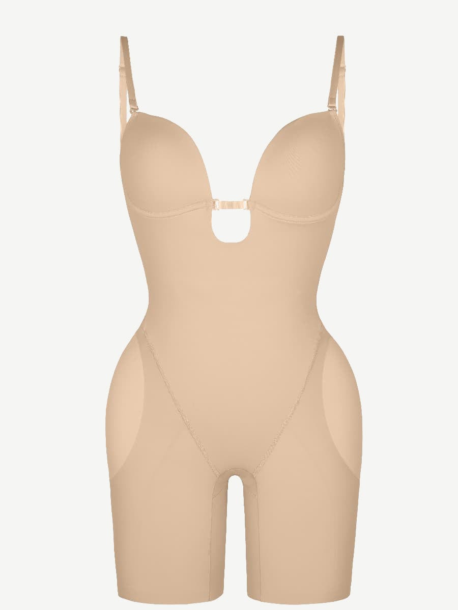 Wholesale Plunge Low-Back Mid-Thigh Shapewear With Removable Butt And Hips Pads